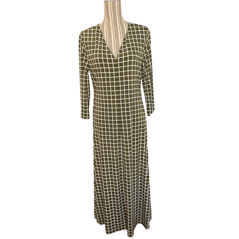 Preston & York olive green and white windowpane plaid 3/4 sleeve maxi dress